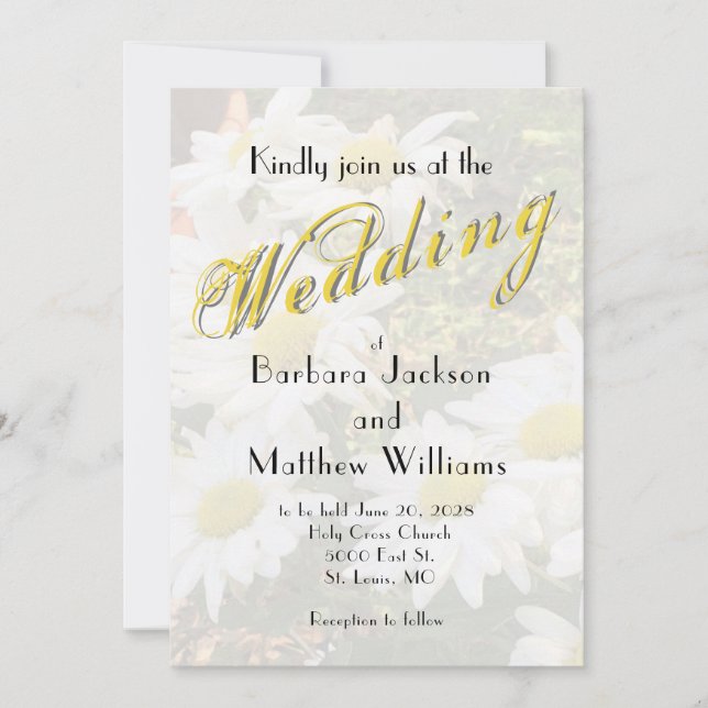 White Daisy Yellow Gold Script BoHo Spring Wedding Invitation (Front)