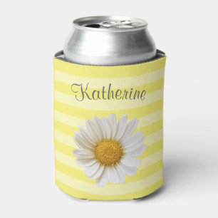 White Daisy Yellow Striped Personalised Can Cooler