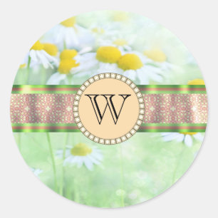White Daisy's in Green Meadow Monogram Classic Round Sticker