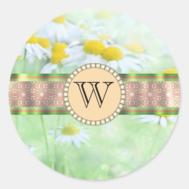 White Daisy's in Green Meadow Monogram Classic Round Sticker (Front)