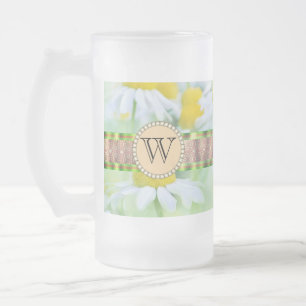 White Daisy's in Green Meadow Monogram Frosted Glass Beer Mug