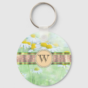 White Daisy's in Green Meadow Monogram Key Ring