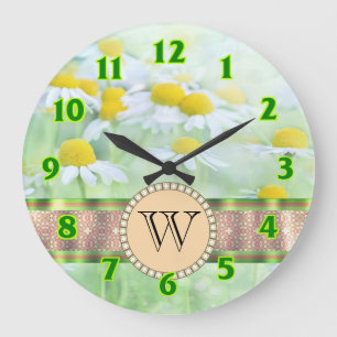White Daisy's in Green Meadow Monogram Large Clock