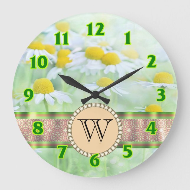 White Daisy's in Green Meadow Monogram Large Clock (Front)