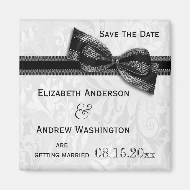 White Damask and Black Faux Bow Save The Date Magnet (Front)