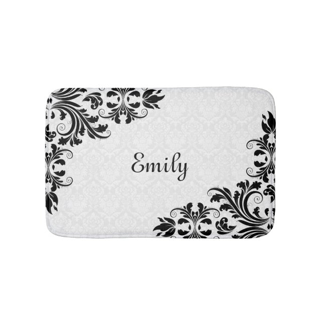 White Damask And Black Swirls Bath Mat (Front)
