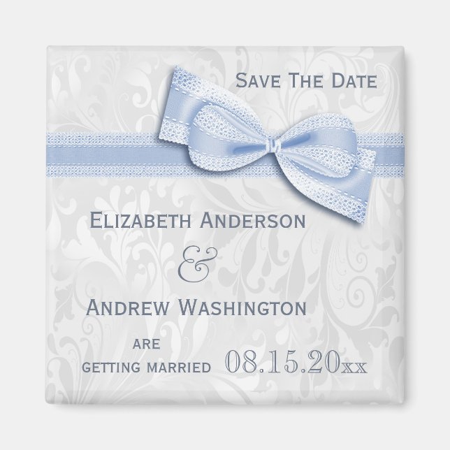 White Damask and Blue Faux Bow Save The Date Magnet (Front)