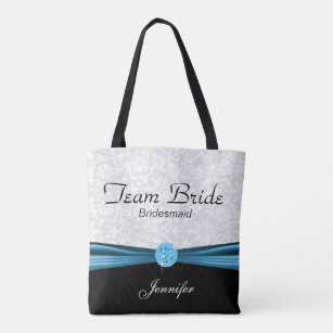 White Damask and Blue Team Bride Tote Bag
