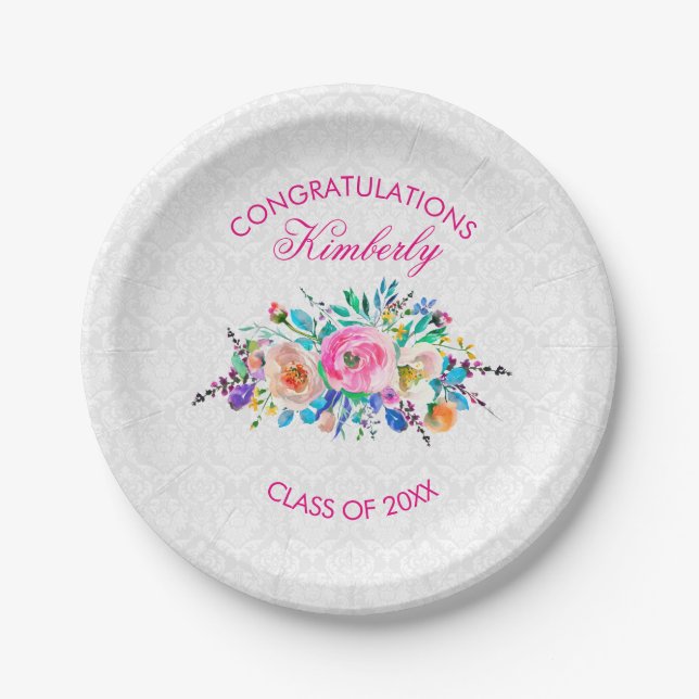White Damask And Bouquet- Graduations Paper Plate (Front)