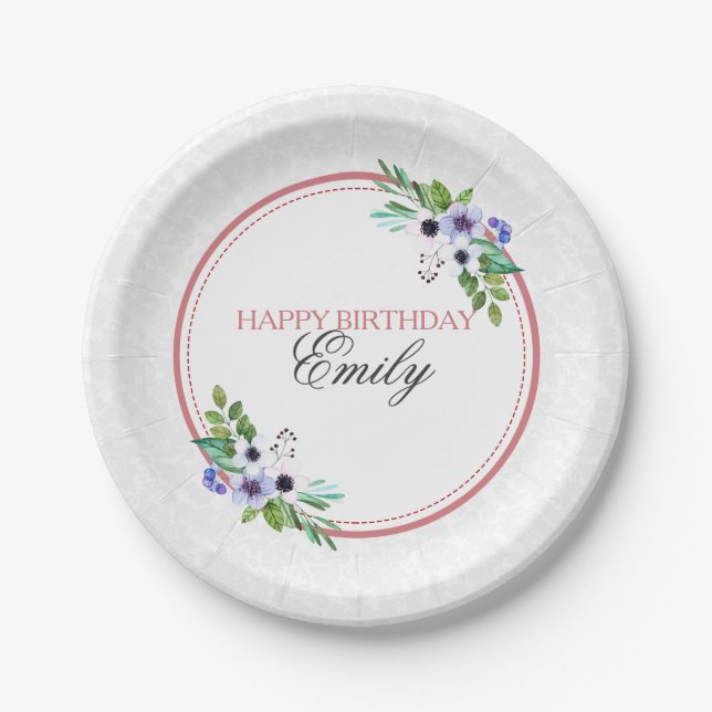 White Damask And Colourful Bouquet- Happy Birthday Paper Plate (Front)