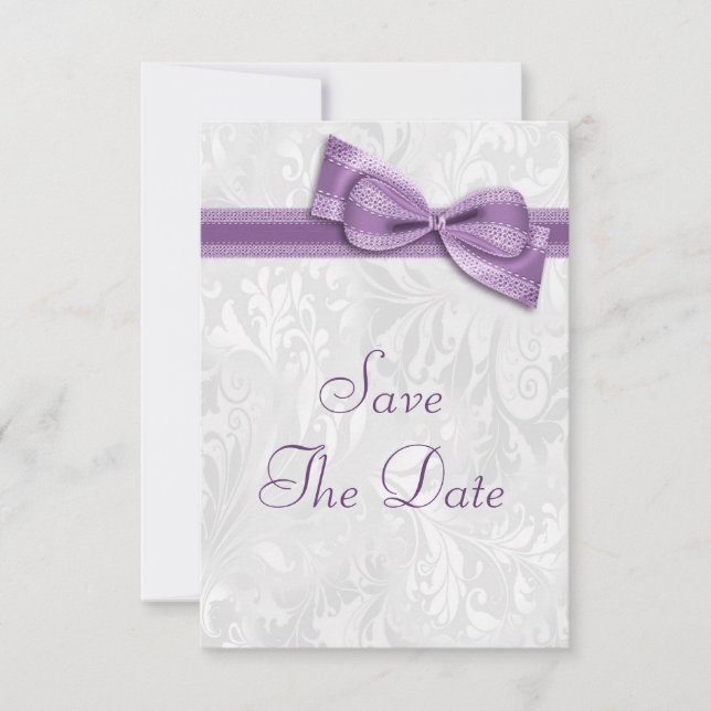 White Damask and Faux Bow Save The Date (Front)
