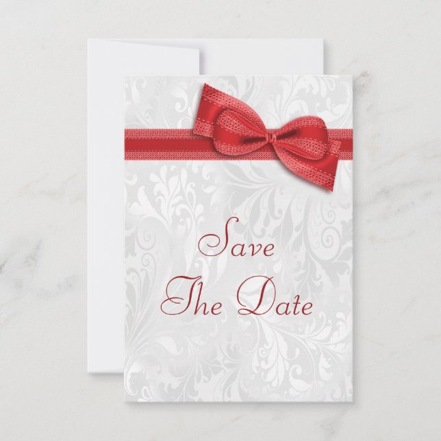 White Damask and  Faux Bow Save The Date Invitation (Front)