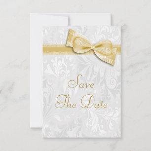 White Damask and Faux Bow Save The Date Invitation