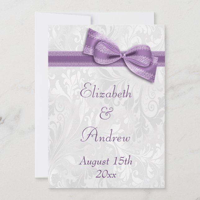 White Damask and Faux Bow Wedding Invitation (Front)