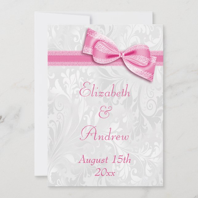 White Damask and Faux Pink Bow Wedding Invitation (Front)
