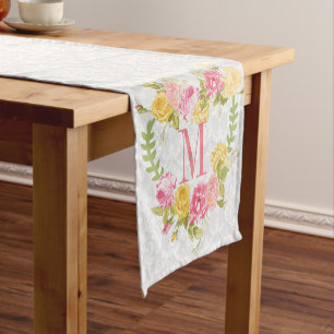 White Damask And Floral Wreath Short Table Runner