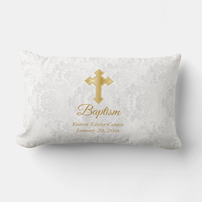 White Damask and Gold Baptism Lumbar Cushion (Front)