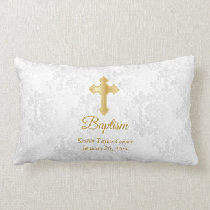 White Damask and Gold Baptism Lumbar Cushion