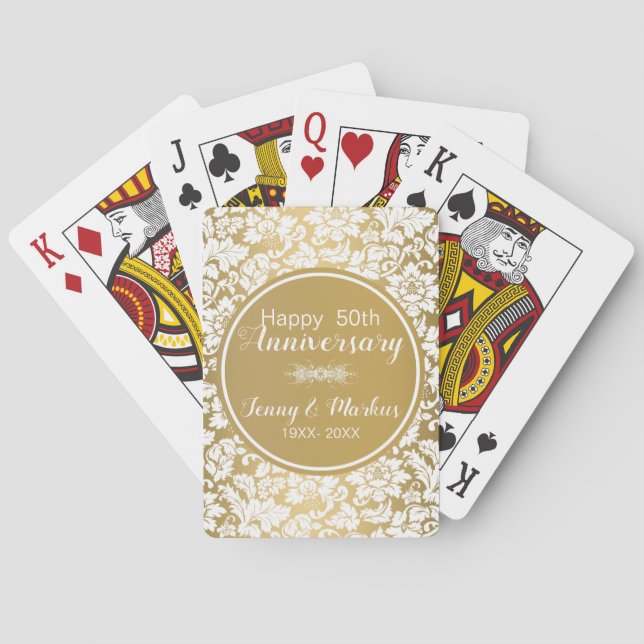 White Damask And Gold Circle- Anniversary Playing Cards (Back)