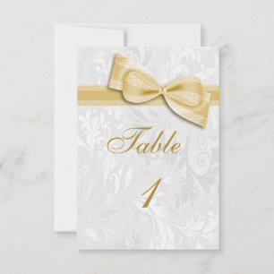White Damask and  Gold Faux Bow Invitation