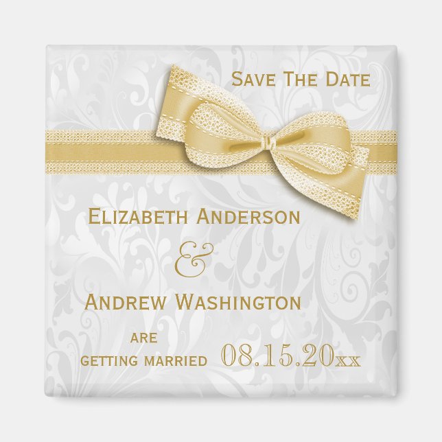White Damask and Gold Faux Bow Save The Date Magnet (Front)