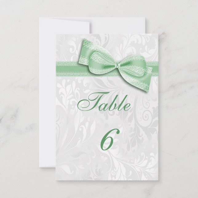 White Damask and  Green Faux Bow Invitation (Front)