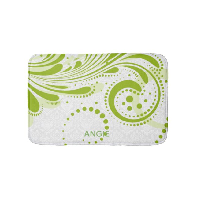 White Damask And Green Swirls Bath Mat (Front)
