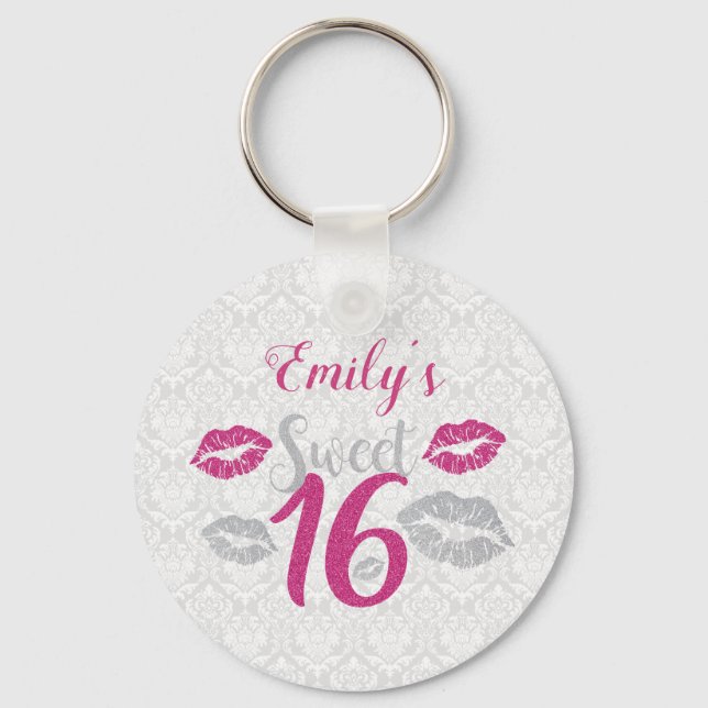 White Damask And Pink And Gray Glitter Key Ring (Front)
