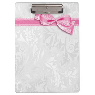 White Damask and Pink Faux Bow Clipboard