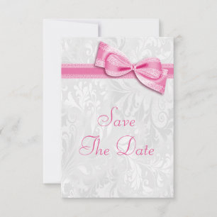 White Damask and Pink Faux Bow Save The Date Invitation