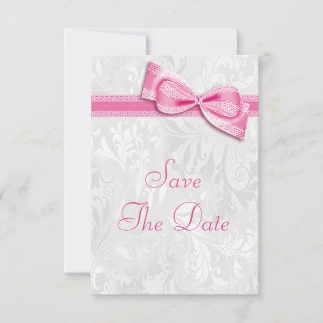 White Damask and Pink Faux Bow Save The Date Invitation (Front)