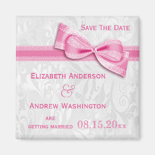 White Damask and Pink Faux Bow Save The Date Magnet