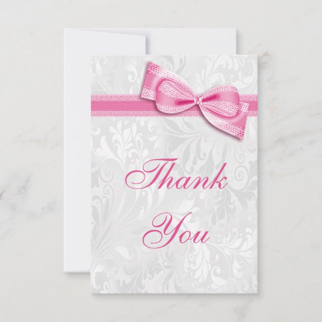 White Damask and Pink Faux Bow Thank You (Front)