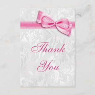 White Damask and Pink Faux Bow Thank You Card