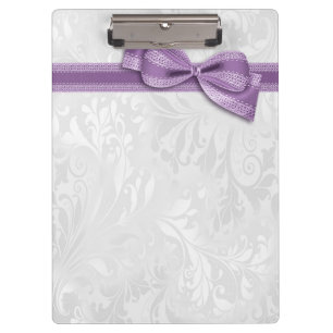 White Damask and Purple Faux Bow Clipboard