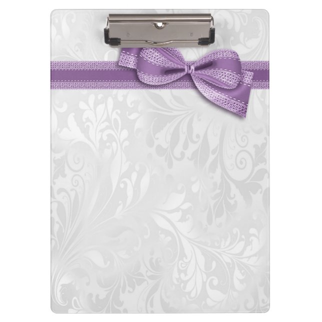 White Damask and  Purple Faux Bow Clipboard (Front)
