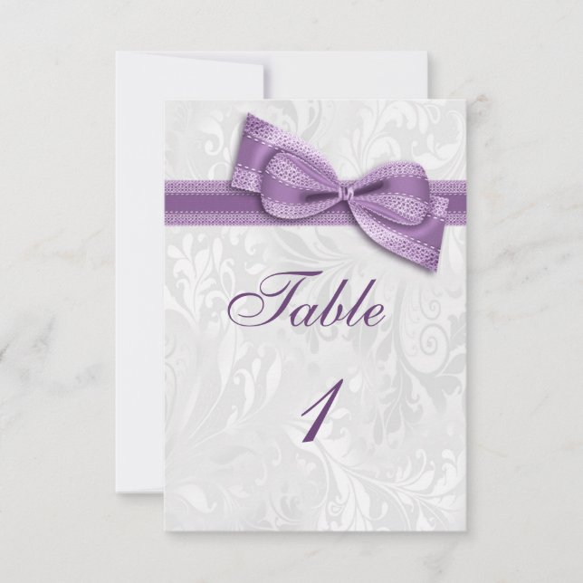 White Damask and Purple Faux Bow Invitation (Front)