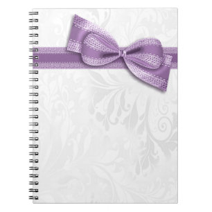 White Damask and Purple Faux Bow Notebook