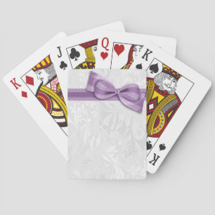 White Damask and  Purple Faux Bow Playing Cards