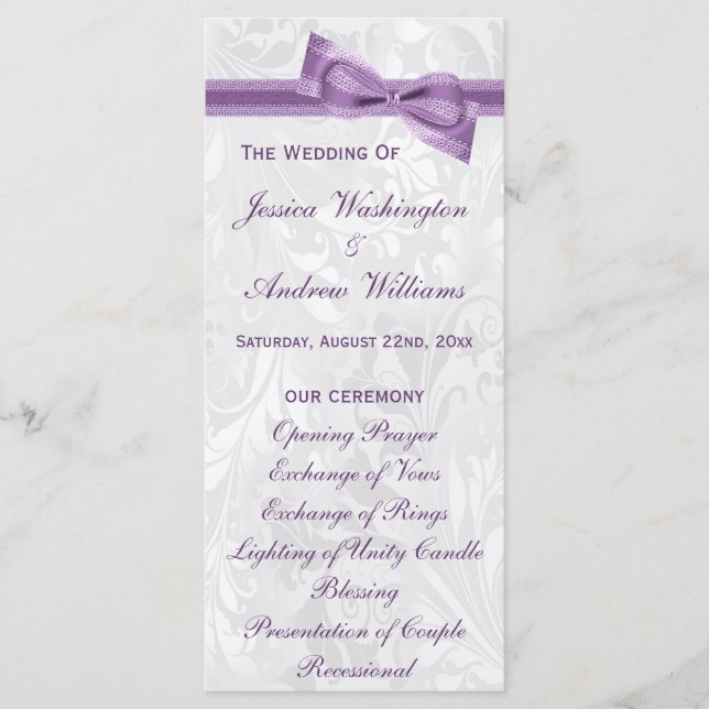 White Damask and Purple Faux Bow Wedding Program Programme (Front)