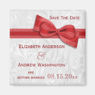 White Damask and Red Faux Bow Save The Date Magnet