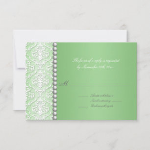 White Damask & Bead Green Wedding Reply/RSVP Cards