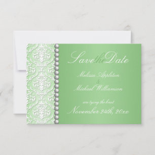 White Damask & Bead Green Wedding Save the Date