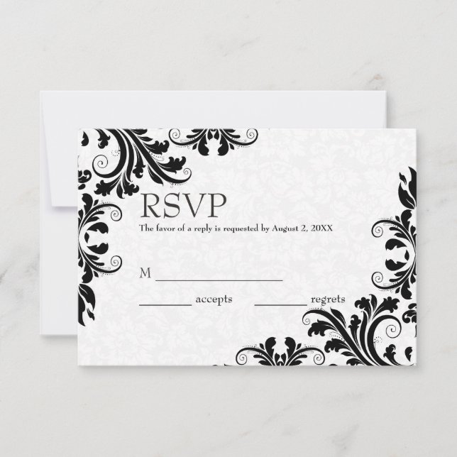White Damask & Black Lace RSVP Card (Front)