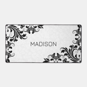 White Damask Black Swirls Desk Mat