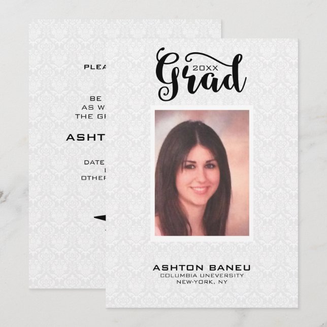 White Damask Black Typography-Graduation Invitation (Front/Back)