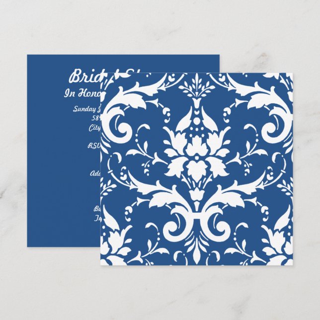 White Damask & Blue Background Bridal Shower Inv Invitation (Front/Back)