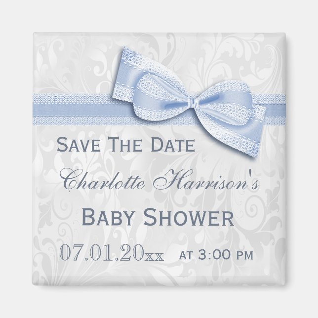 White Damask & Blue Bow Baby Shower Save The Date Magnet (Front)