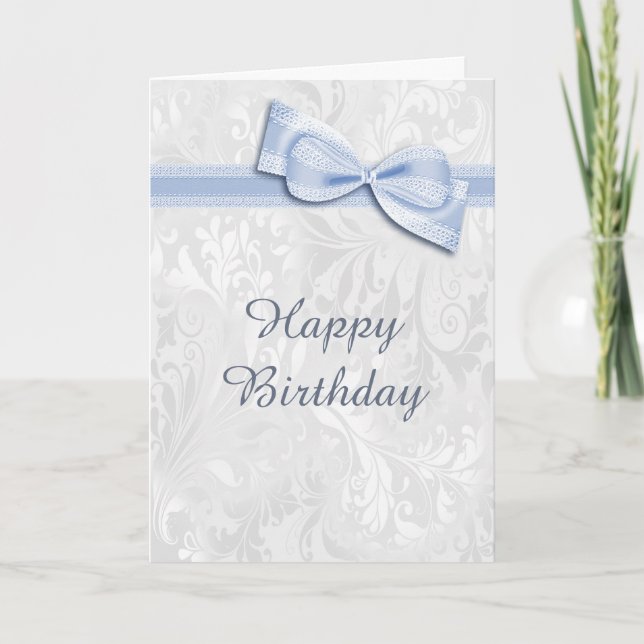 White Damask & Blue Faux Bow Female Birthday Card (Front)