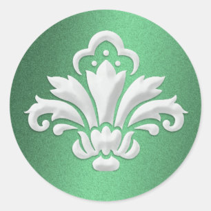 White Damask Design on Green Shimmer Classic Round Sticker